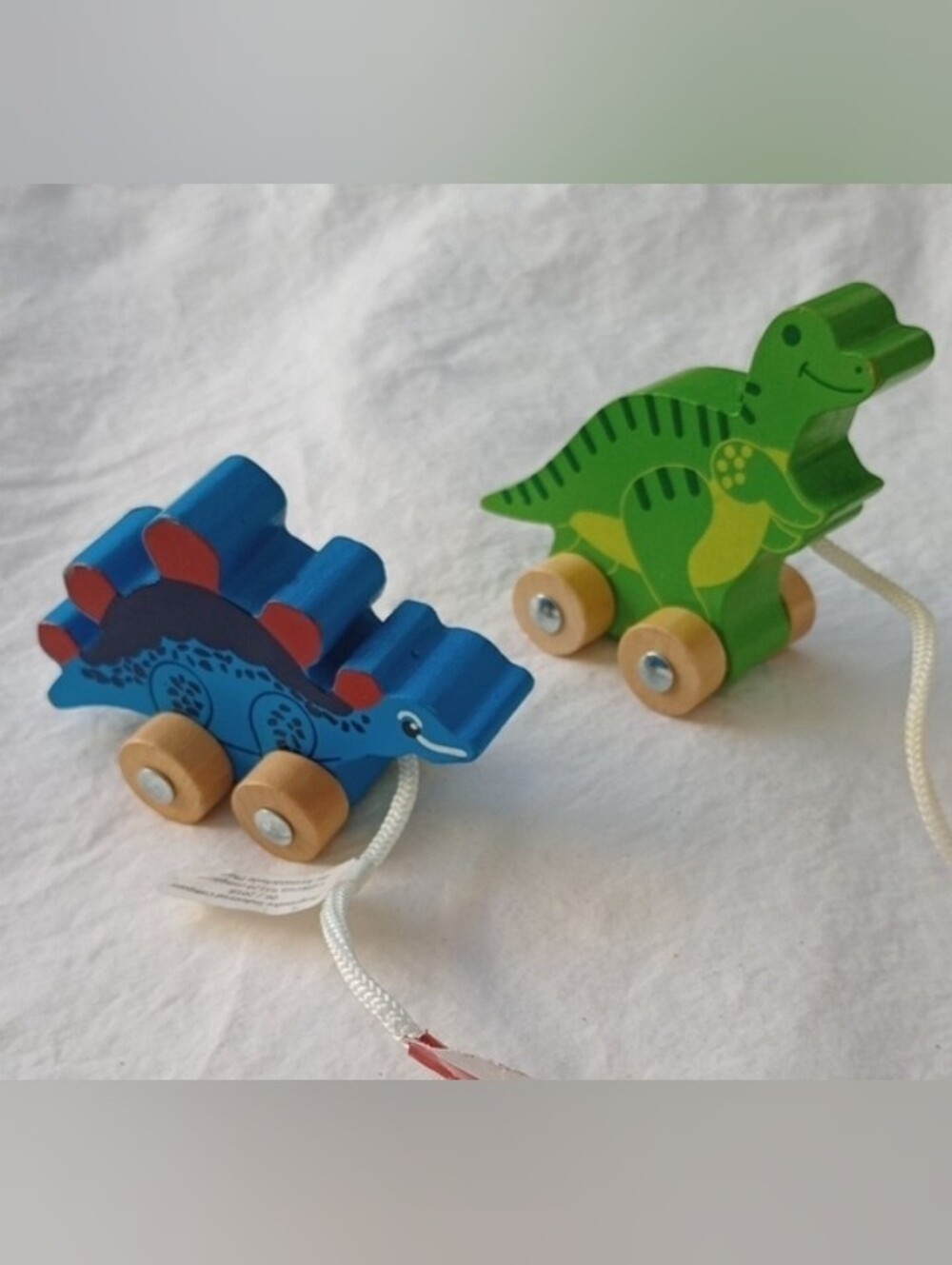 Wooden Pull-Along Dinosaur Toys Set Of 2 Green Stegosaurus Blue T-Rex Toddler